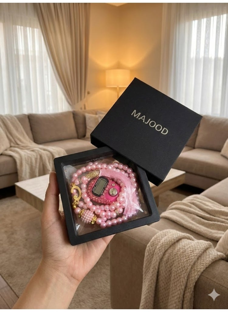 MAJOOD 1 Set of 99 resin imitation pearl prayer beads 8mm  and an electronic counter, packaged in a gift box. - Image 1